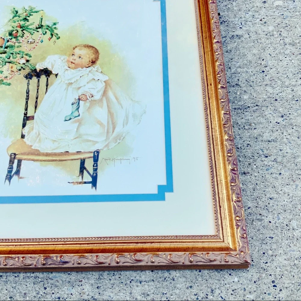 Vintage Maud Humphrey Baby’s first Christmas framed print tree gold frame
